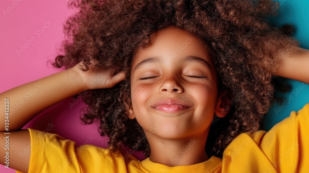 A content child with curly hair and a serene smile lies on a vibrant, multicolored backdrop, capturing the essence of childhood peace and pure satisfaction. A content child with curly hair and a serene smile lies on a vibrant, multicolored backdrop, capturing the essence of childhood peace and pure satisfaction.