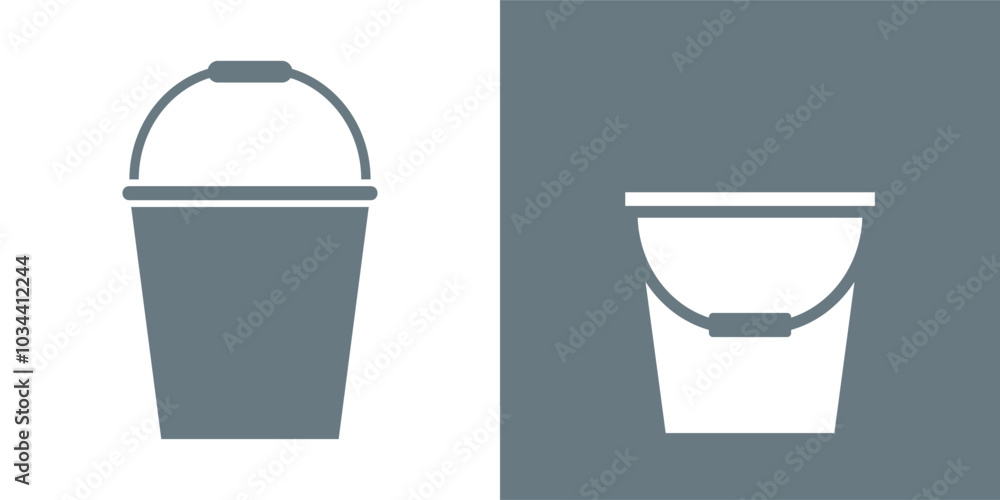 Bucket (pail) icon. Well attribute. Vessel for storing, carrying liquid and bulk materials. Cylindrical bucket of water for watering plants or extinguishing a fire. Bucket (pail) icon. Well attribute. Vessel for storing, carrying liquid and bulk materials. Cylindrical bucket of water for watering plants or extinguishing a fire.