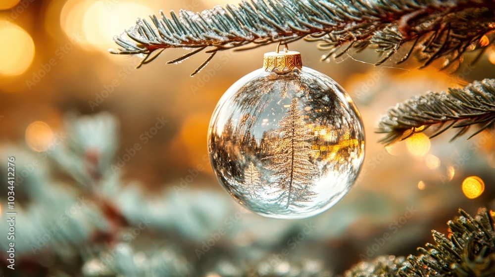Christmas tree ornament reflecting snowy forest scene with twinkle lights Christmas tree ornament reflecting snowy forest scene with twinkle lights