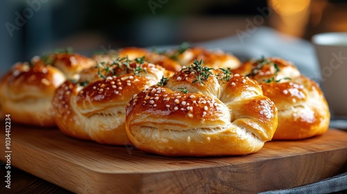 A perfect selection of shiny, golden-brown rolls garnished with fresh herbs, presented on a wooden board in an inviting, warmly lit indoor setting.