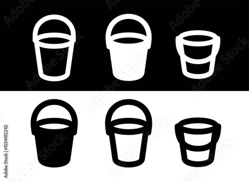 Bucket (pail) icon. Well attribute. Vessel for storing, carrying liquid and bulk materials. Cylindrical bucket of water for watering plants or extinguishing a fire.