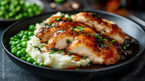 A delectable dish featuring grilled chicken slices served atop creamy mashed potatoes, accompanied by fresh green peas. Garnished with parsley.