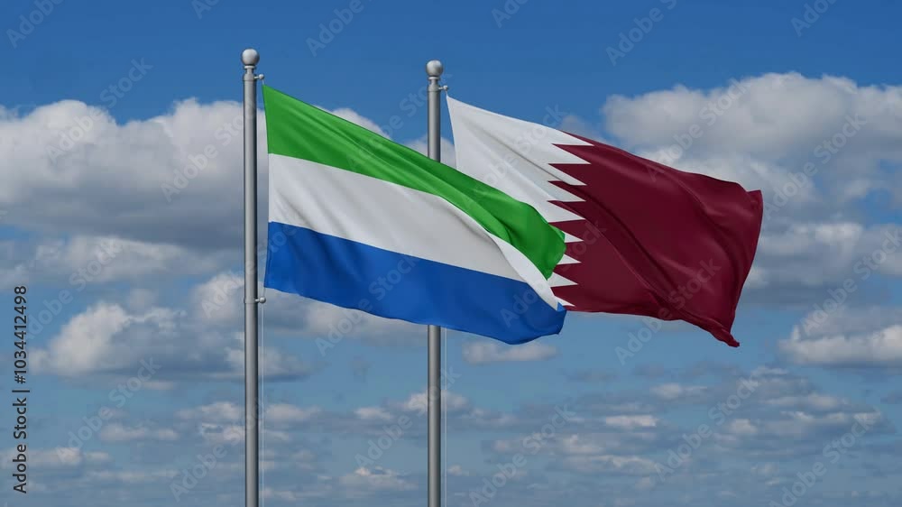 Qatar and Sierra Leone flags flying together, video concept of the relationship, two country cooperation concept Qatar and Sierra Leone flags flying together, video concept of the relationship, two country cooperation concept