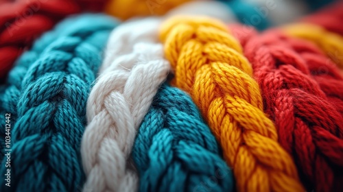 A vivid close-up of colorful yarns intertwined in a braided pattern, showcasing the texture and vibrancy of wool and the artistic expression in knitting.