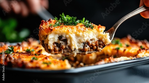 This image showcases a delicious vegetable bake topped with a crisp, golden layer and garnished with fresh parsley, offering a savory and appetizing meal option. photo