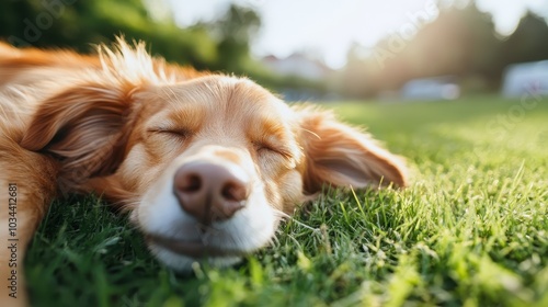 A golden retriever lies peacefully asleep on lush green grass, basking in the sun, symbolizing contentment, relaxation, and the simple joys of nature.