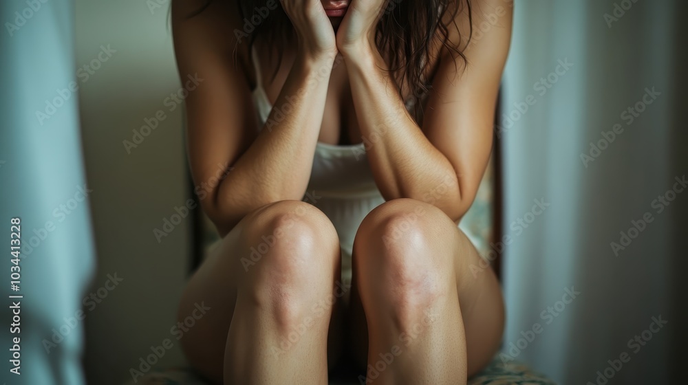A solitary woman sitting with her head on her hands, deep in thought. The dimly lit setting adds a reflective and melancholic mood to the scene. A solitary woman sitting with her head on her hands, deep in thought. The dimly lit setting adds a reflective and melancholic mood to the scene.