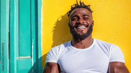 A joyful man in a white shirt laughs heartily while leaning against a vivid yellow and green wall, embodying happiness, confidence, and lively urban energy. photo