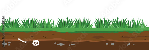 flat design illustration, cross section of green grass and fertile soil, smooth underground surface texture, underground layers of the earth.