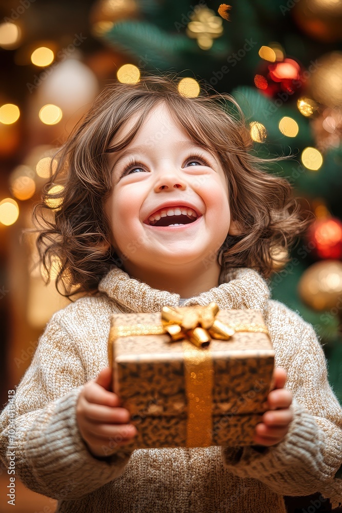 Happy child holding christmas present smiling and looking up Happy child holding christmas present smiling and looking up