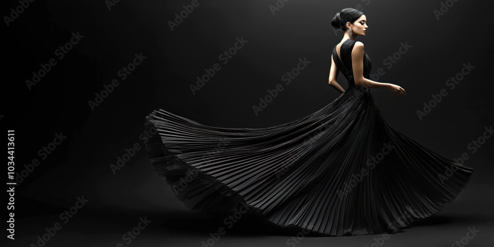 Fototapeta premium Elegant woman in black evening dress posing against dark background in studio