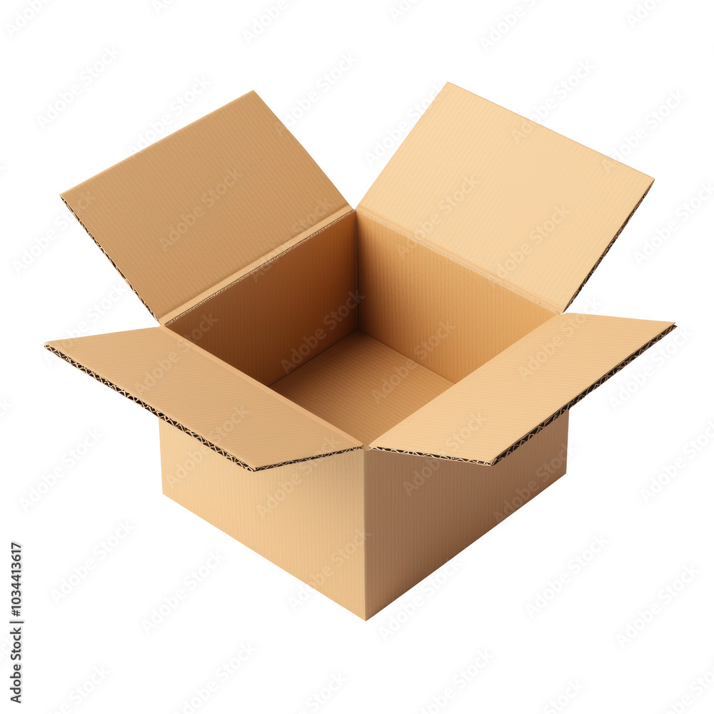 An open cardboard box with visible flaps, showcasing an empty interior. Suitable for visualizing packaging, shipping, and storage uses. Isolated on transparent background, png. An open cardboard box with visible flaps, showcasing an empty interior. Suitable for visualizing packaging, shipping, and storage uses. Isolated on transparent background, png.