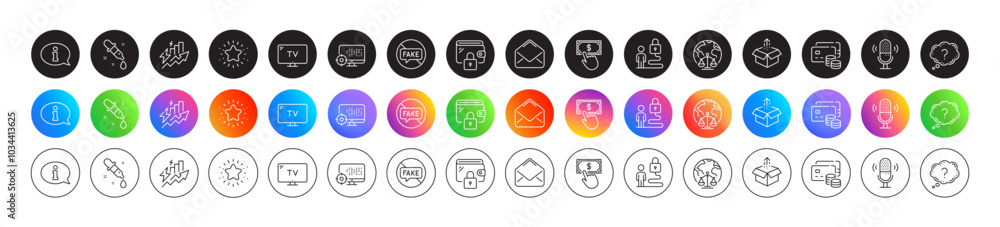 Tv, Magistrates court and Send box line icons. Round icon gradient buttons. Pack of Lock, Money, Information icon. Payment click, Microphone, Wallet pictogram. Vector Tv, Magistrates court and Send box line icons. Round icon gradient buttons. Pack of Lock, Money, Information icon. Payment click, Microphone, Wallet pictogram. Vector
