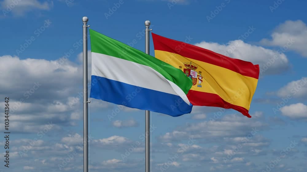 Spain and Sierra Leone flags flying together, video concept of the relationship, two country cooperation concept Spain and Sierra Leone flags flying together, video concept of the relationship, two country cooperation concept