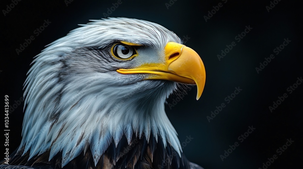 The American Bald Eagle has a white head and a yellow bill The American Bald Eagle has a white head and a yellow bill