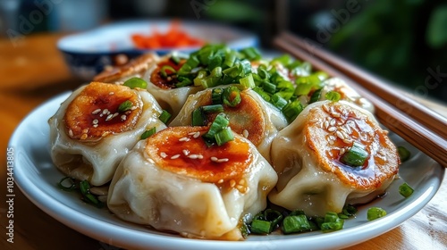 A plate of pan-fried dumplings topped with sesame seeds and green onions offers an enticing visual feast that teases the senses and appetite alike.