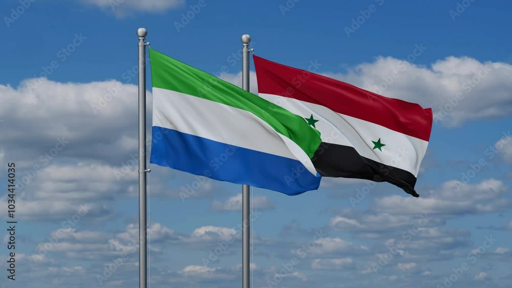 Syrian Arab Republic, Syria and Sierra Leone flags flying together, video concept of the relationship, two country cooperation concept Syrian Arab Republic, Syria and Sierra Leone flags flying together, video concept of the relationship, two country cooperation concept