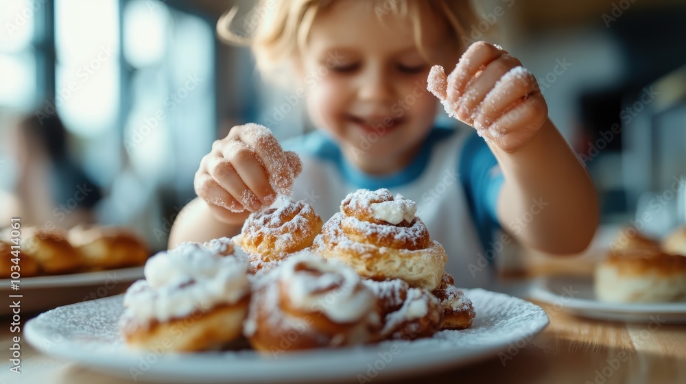 A cheerful child is seen eagerly sprinkling frosting on mini pastries, showcasing their playful and creative nature in a brightly lit cafe atmosphere. A cheerful child is seen eagerly sprinkling frosting on mini pastries, showcasing their playful and creative nature in a brightly lit cafe atmosphere.