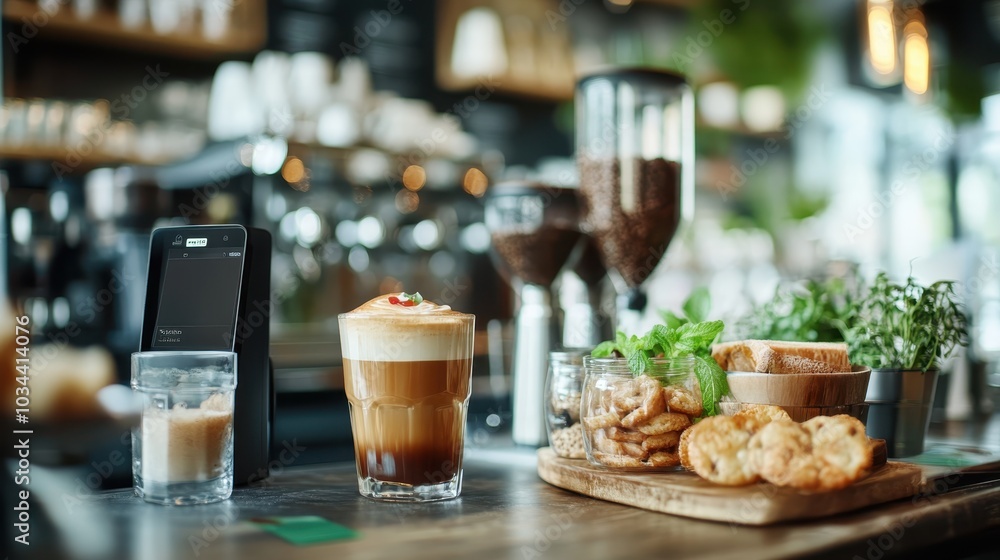 A delightful setup of a creamy coffee with whipped topping, placed on a counter alongside various snacks and herbs in a lively cafe with brewing equipment visible. A delightful setup of a creamy coffee with whipped topping, placed on a counter alongside various snacks and herbs in a lively cafe with brewing equipment visible.