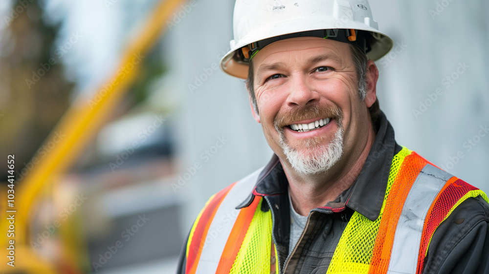 Fototapeta premium smiling construction worker in a hard hat and safety vest