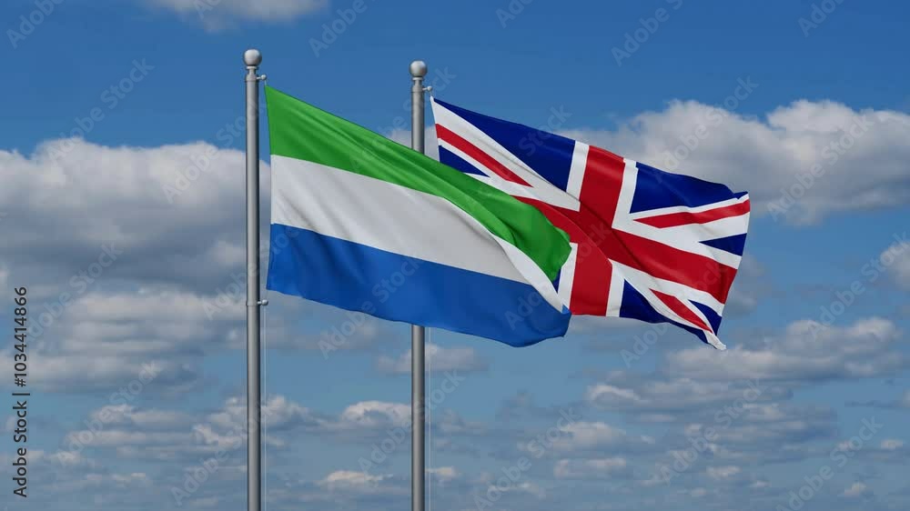 United Kingdom and Sierra Leone flags flying together, video concept of the relationship, two country cooperation concept United Kingdom and Sierra Leone flags flying together, video concept of the relationship, two country cooperation concept