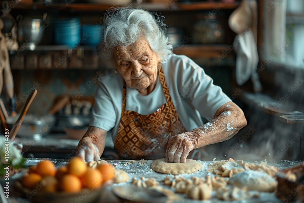 An elderly woman with white hair is kneading dough on a floured surface in a cozy kitchen. Fresh ingredients surround her, evoking a sense of warmth and culinary tradition An elderly woman with white hair is kneading dough on a floured surface in a cozy kitchen. Fresh ingredients surround her, evoking a sense of warmth and culinary tradition