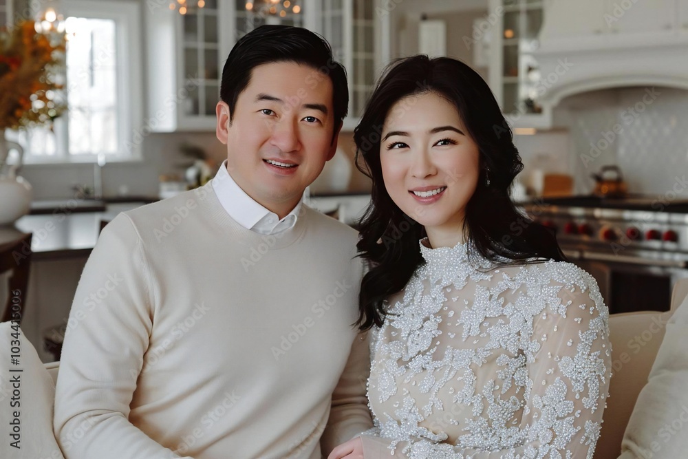 Full body photo of couple, Asian, shy sitting on couch in living room Full body photo of couple, Asian, shy sitting on couch in living room