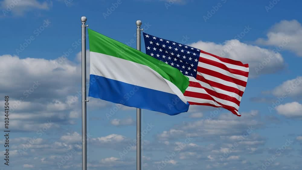 USA and Sierra Leone flags flying together, video concept of the relationship, two country cooperation concept USA and Sierra Leone flags flying together, video concept of the relationship, two country cooperation concept