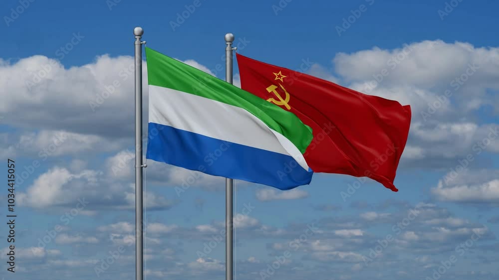 Soviet Union or USSR and Sierra Leone flags flying together, video concept of the relationship, two country cooperation concept Soviet Union or USSR and Sierra Leone flags flying together, video concept of the relationship, two country cooperation concept
