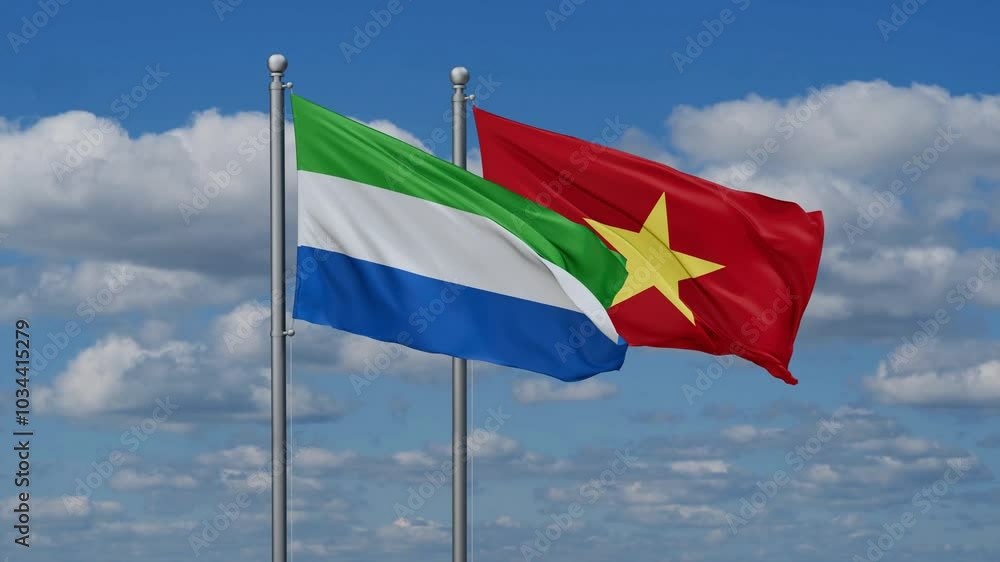 Vietnam and Sierra Leone flags flying together, video concept of the relationship Vietnam and Sierra Leone flags flying together, video concept of the relationship