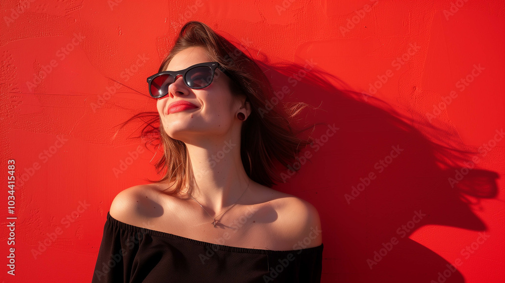 smiling woman with sunglasses, exuding beauty, standing in front of a solid color wall with empty copy space smiling woman with sunglasses, exuding beauty, standing in front of a solid color wall with empty copy space