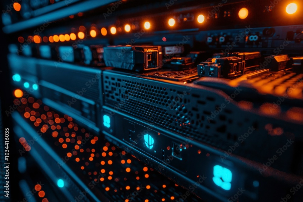 Close-up of a Server Rack with Orange Lights and a Detailed View of its Components Close-up of a Server Rack with Orange Lights and a Detailed View of its Components