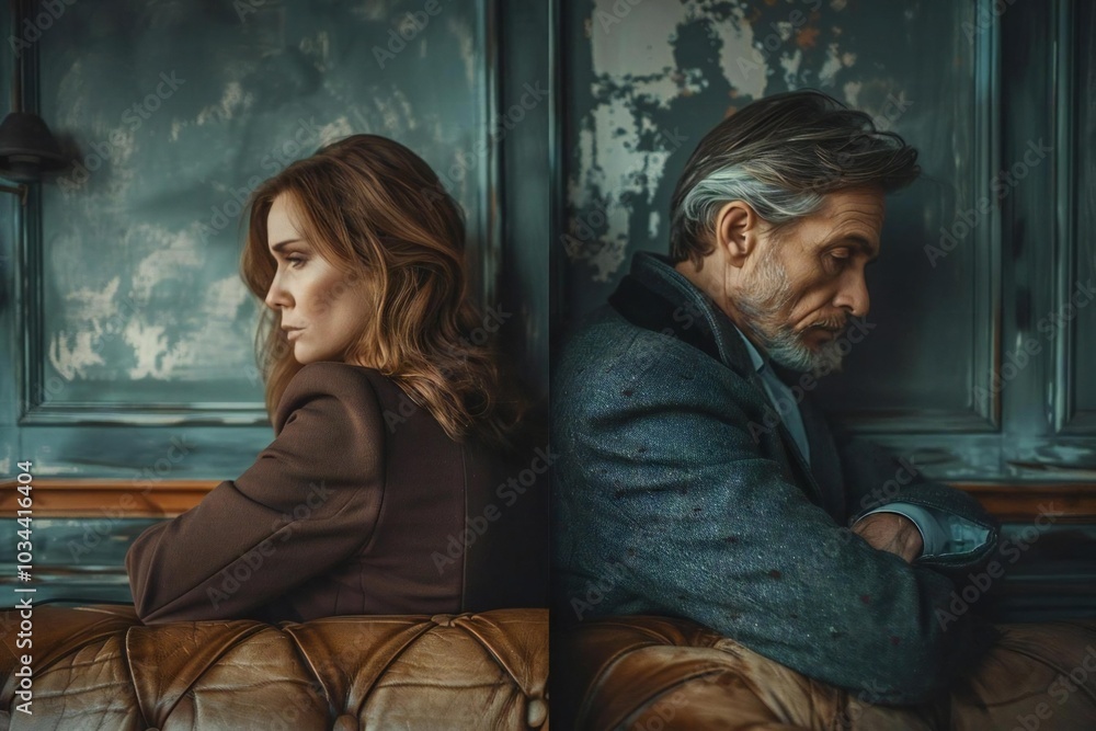 Full body photo of mature Caucasian couple in living room, wall split, in conflict - one leaning back, one leaning on wall Full body photo of mature Caucasian couple in living room, wall split, in conflict - one leaning back, one leaning on wall