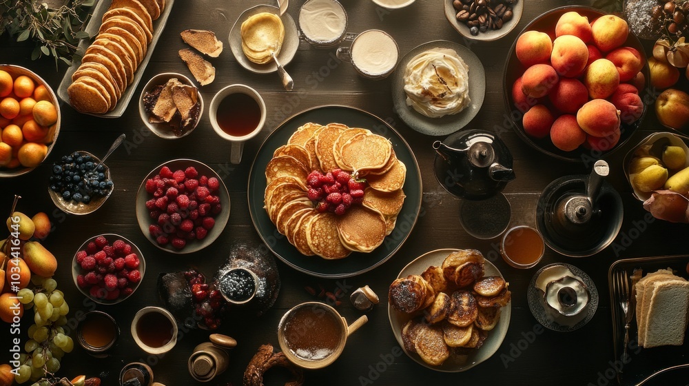 A Tabletop Spread of Pancakes, Fruit, and Coffee A Tabletop Spread of Pancakes, Fruit, and Coffee