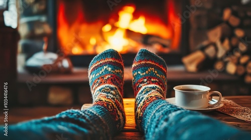 Wallpaper Mural Woman wearing knitted wool socks warming up by the fireplace drinking hot beverage Torontodigital.ca