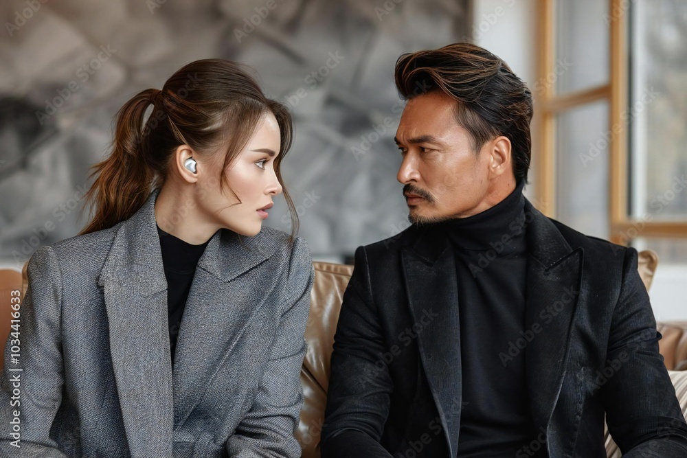 Full body photo of couple Asian wall split neighbours listening on each other in living room Full body photo of couple Asian wall split neighbours listening on each other in living room