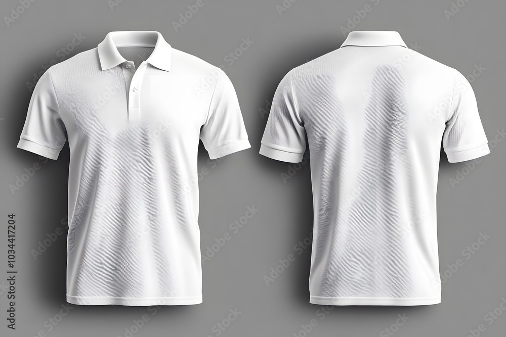 White Polo Shirt on Grey Background Displaying Front and Back View in Minimalist Fashion Style White Polo Shirt on Grey Background Displaying Front and Back View in Minimalist Fashion Style