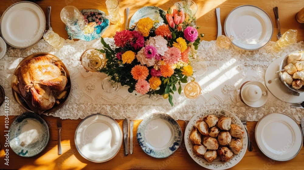 Festive Table Setting with Roasted Turkey, Bread, and Flowers Festive Table Setting with Roasted Turkey, Bread, and Flowers