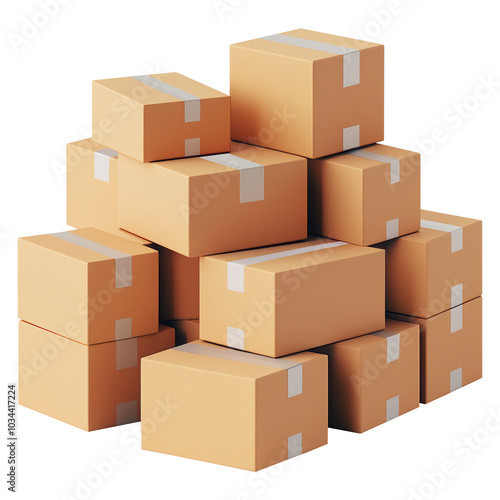 3D stack of cardboard boxes featuring tape seals, perfect for logistics, packaging, and shipping visualizations in branding projects. Isolated on transparent background, png.