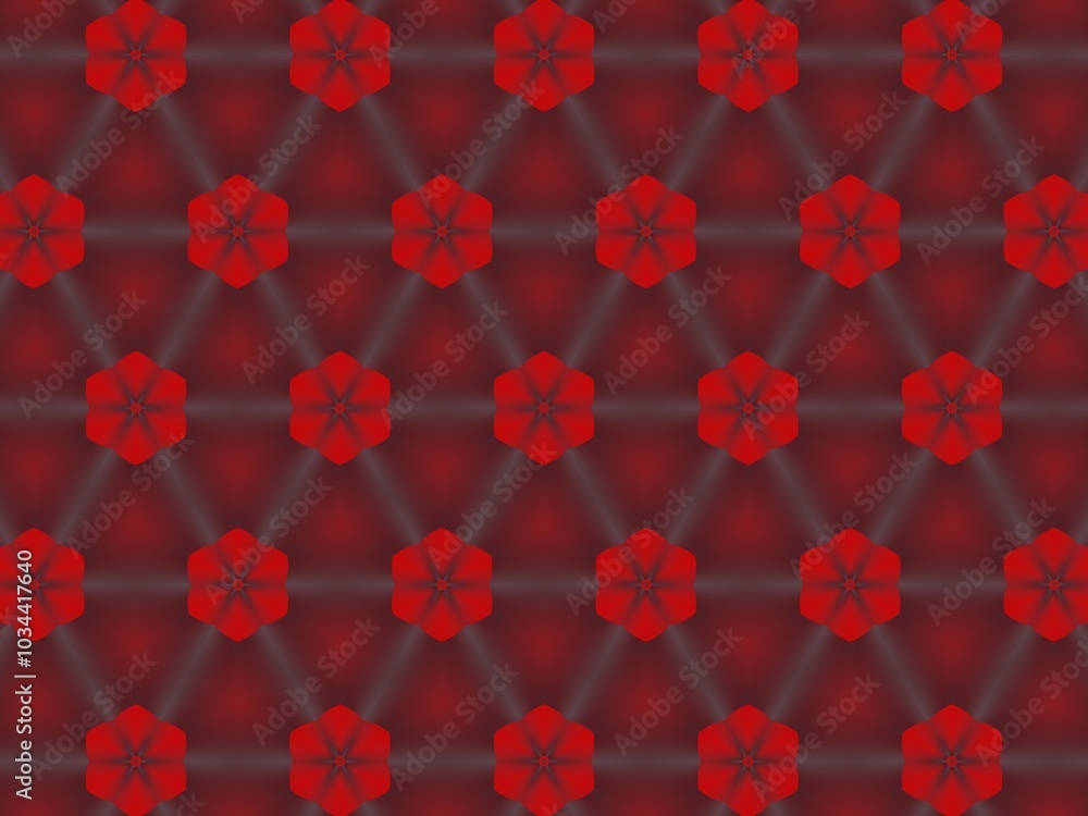 Fototapeta premium Seamless geometric pattern with repeating red hexagonal flowers on a dark red background