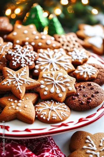 Christmas cookies decorated with icing forming a festive background