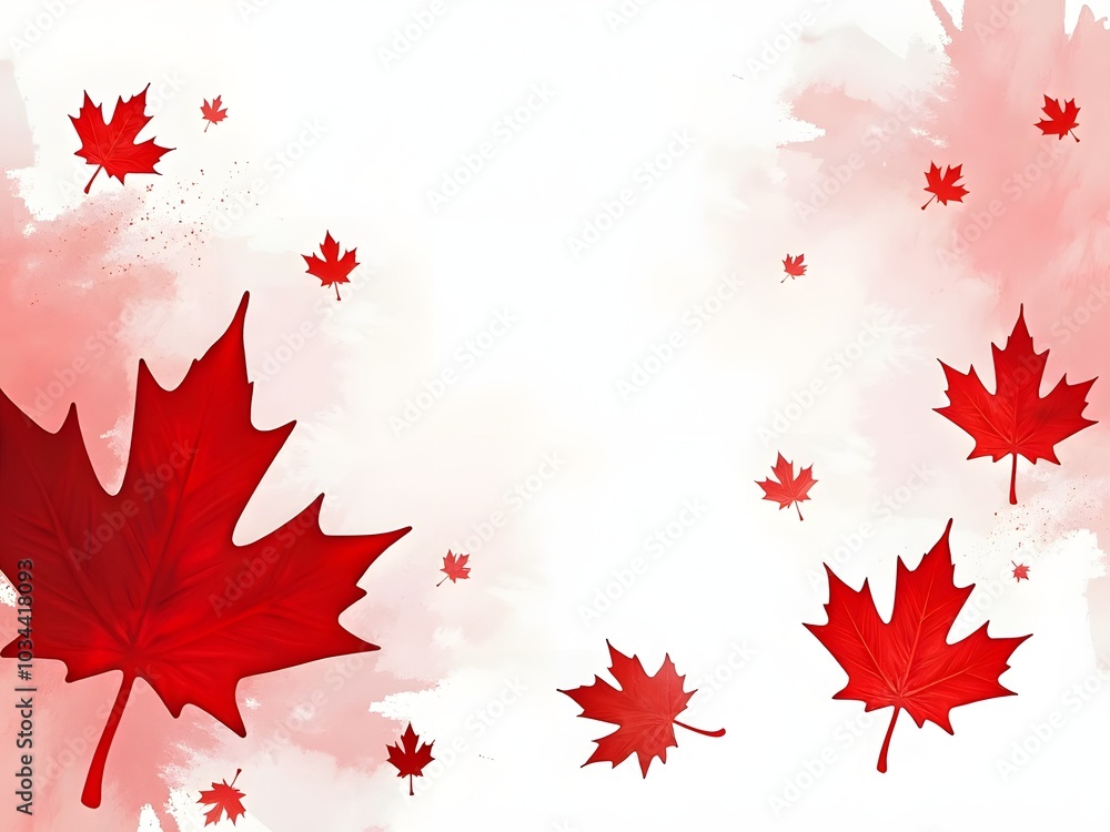 abstract design with splashes of red and white, reminiscent of the colors of the Canadian flag. Painted maple leaves are scattered throughout, adding a natural element to the composition. abstract design with splashes of red and white, reminiscent of the colors of the Canadian flag. Painted maple leaves are scattered throughout, adding a natural element to the composition.