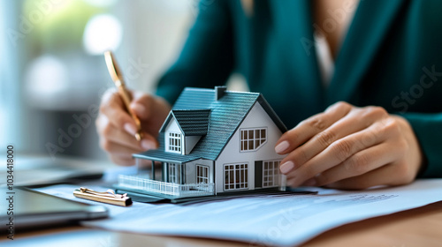 Real estate agent showing small house model to customer while making home swim style raw photography stock photo contest winner, close-up of hands holding miniature scale model house with other docume photo