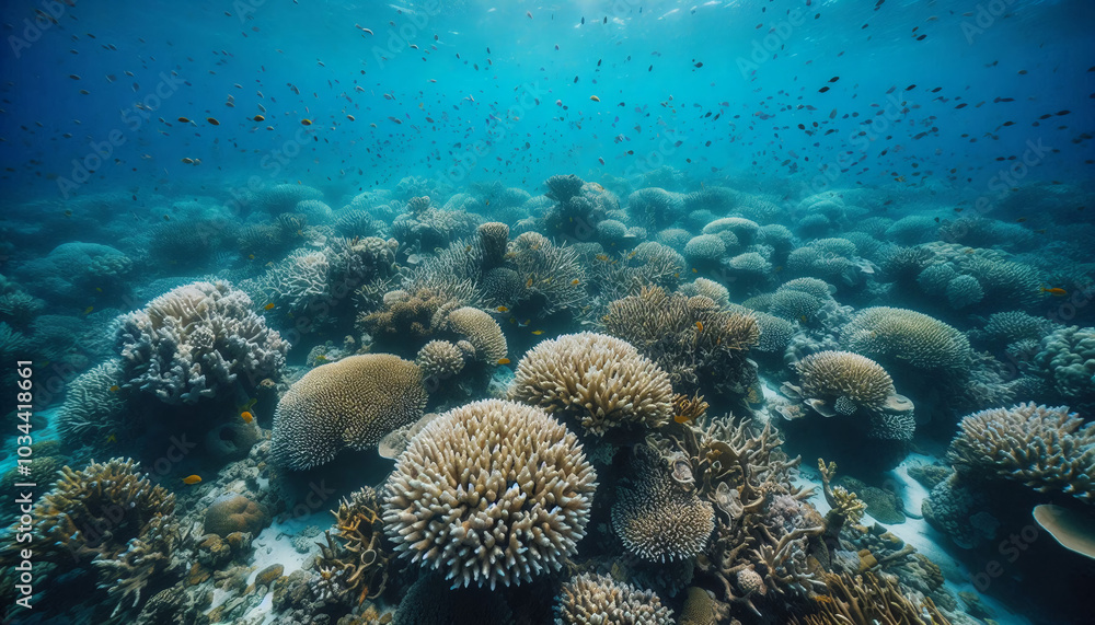 An underwater scene showing a coral reef devastated by warming ocean temperatures. The once-vibrant, colorful coral is now pale and lifeless An underwater scene showing a coral reef devastated by warming ocean temperatures. The once-vibrant, colorful coral is now pale and lifeless