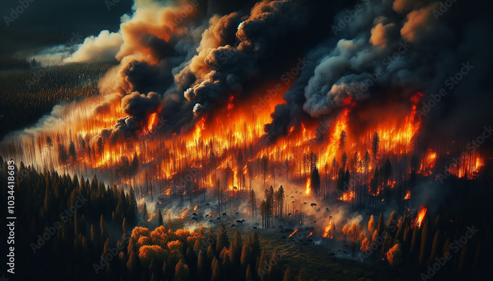 A powerful image of a forest engulfed in flames, with thick smoke rising into the sky. Trees are burning, and animals can be seen fleeing in the distance. A powerful image of a forest engulfed in flames, with thick smoke rising into the sky. Trees are burning, and animals can be seen fleeing in the distance.