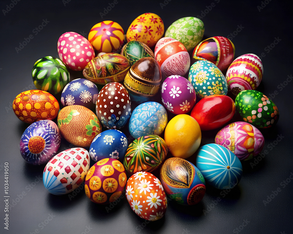 a bunch of easter eggs are on a black background. a bunch of easter eggs are on a black background.