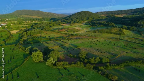 Landscape of Cultivated Fields in the Surroundings of the Gayangos - Antuzanos Lagoons. Merindad de Montija. Region of Las Merindades. Province of Burgos. Castilla and Leon. Spain. Europe