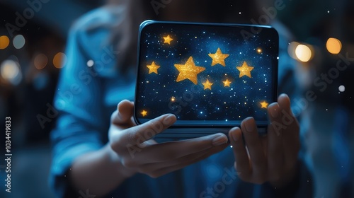 Hands Holding a Digital Device Displaying Glowing Stars and Galaxy Background in a Dark Ambient Setting