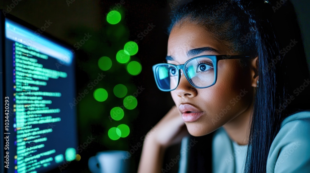 Young woman working on code late at night is staring intently at her computer screen Young woman working on code late at night is staring intently at her computer screen