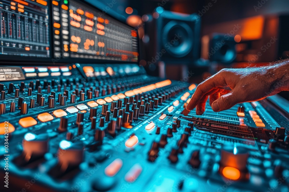 A Hand Adjusting Knobs on a Sound Mixing Board A Hand Adjusting Knobs on a Sound Mixing Board